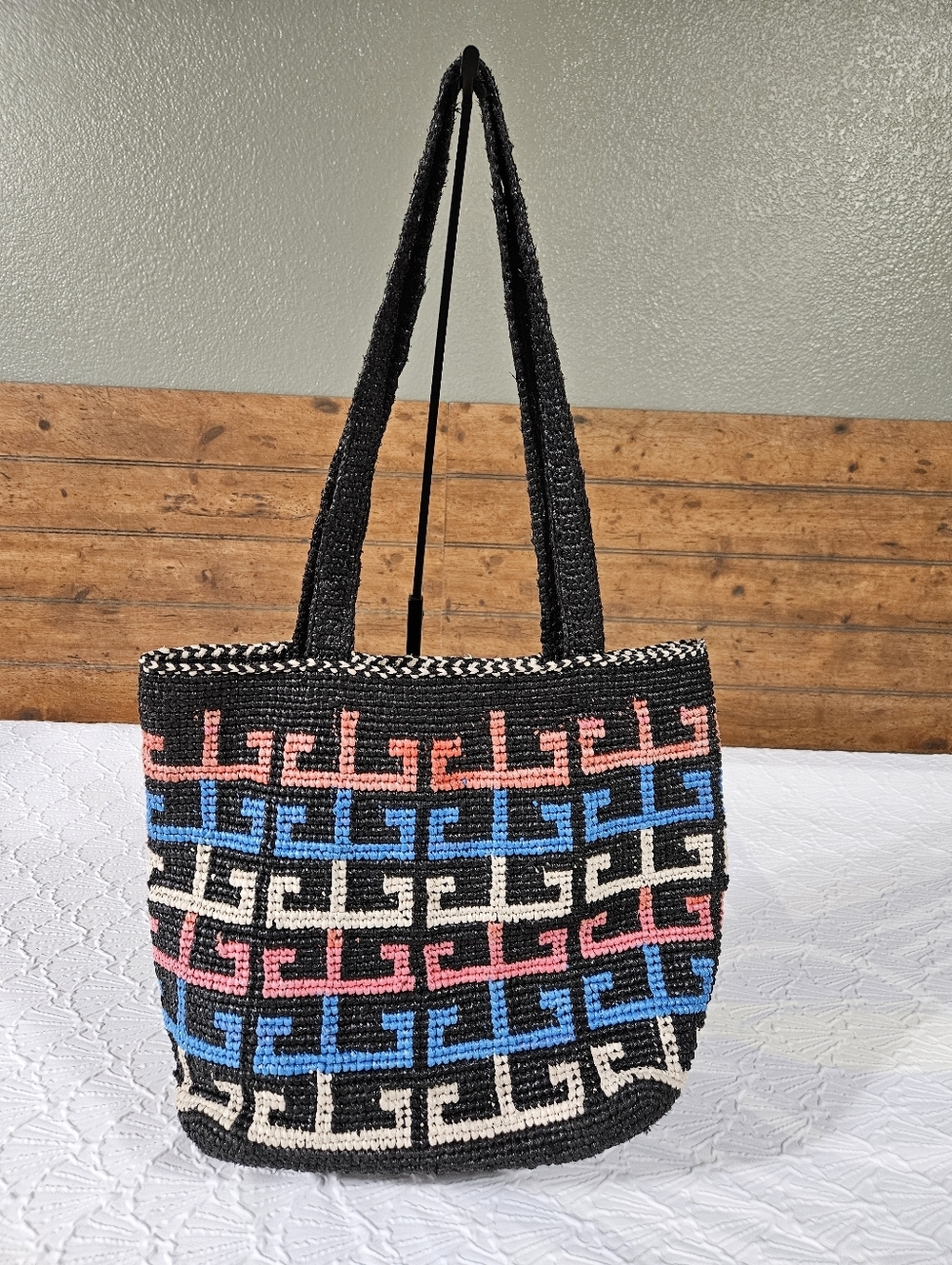 Chikumbuso Black Woven Tote Bag with Pink & Blue Pattern